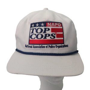 Vintage NAPO Top Cops Cap White USA Flag Police White Canvas Strap Back Flaws